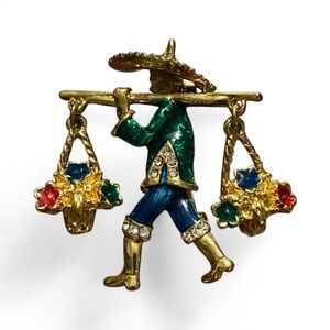 Vintage Asian Basket Carrier Brooch Gold Tone Jewel Tone Enamel Rhinestones